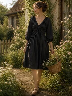 Universal Thread Black Linen Blend Midi Dress Puff Sleeve Cottagecore XS